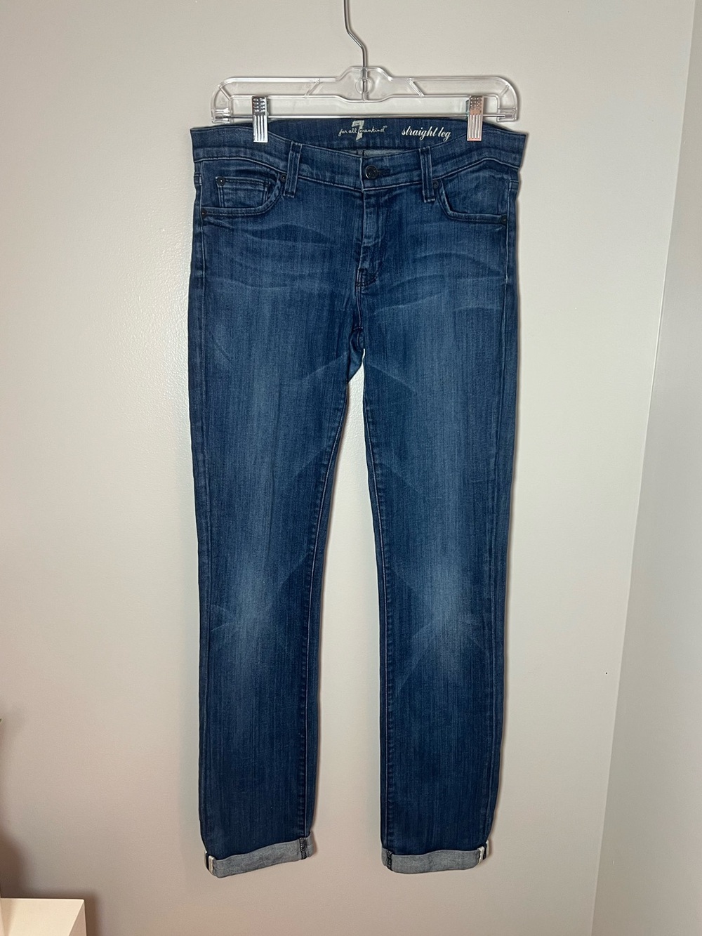 7 For All Mankind Straight Leg Dark Wash Cuffed Mid Rise Jeans Capsule Size 29